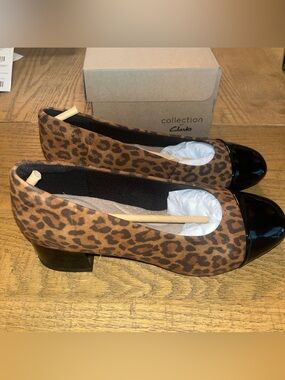 Clarks Suede & Patent Leather Marilyn Sara Leopard Brown & Black Heels 7 Wide W